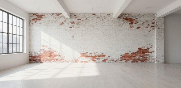 Bright spacious loft interior with exposed brick wall, concrete floor, white beams and large window