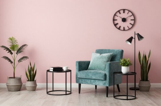 Stylish Living Room Interior with Teal Armchair, Plants, Clock and Pink Wall for Modern Home Decor