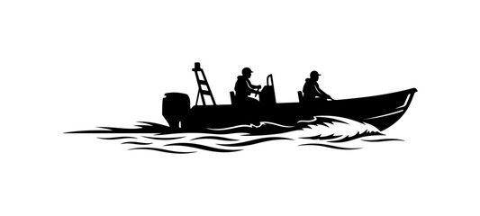 Silhouette of Two People Fishing in a Boat © Design