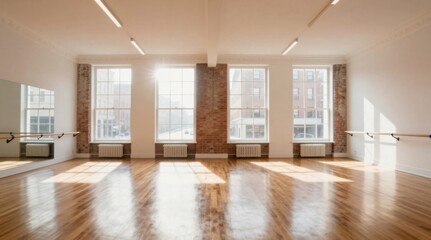 Bright Empty Studio with Hardwood Floors, Large Windows, Brick Details, and Natural Light Ready for Creative Projects © Generative AI