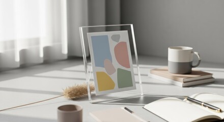 Naklejka premium A modern, minimalist photo frame on a desk with a colorful abstract print, surrounded by everyday office items.