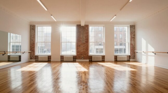 Bright Empty Studio with Hardwood Floors, Large Windows, Brick Details, and Natural Light Ready for Creative Projects