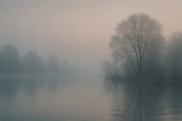 Fototapeta premium Mist covers the lake at dawn, hiding trees and creating a soft atmosphere around the water
