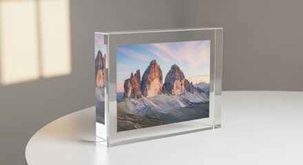 Fototapeta premium A clear acrylic photo frame with a mountain landscape image inside, placed on a white surface with a soft shadow cast on the wall behind it.