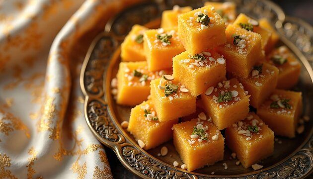 Golden Sohan Halwa sweet pieces are cut and arranged on a decorative metal plate. Topped with chopped pistachios and almonds, this dessert is a delightful treat. It looks yummy and tasty.