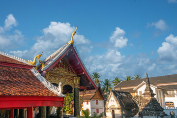 Fototapeta premium Ornate Buddhist temple near trhe grounds of the historic royal palace in the ancient capital of Luang Prabang, Laos