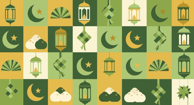 Celebratory Islamic motifs and lanterns in a vibrant grid pattern with crescent moons and stars, showcasing cultural symbols in a festive design