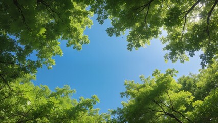Obraz premium Green tree canopy against blue sky