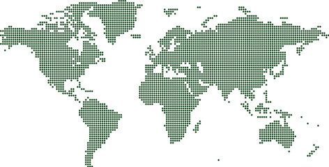 Dark Green Dotted World Map Vector - Minimalist Eco-Friendly Global Map Illustration, Pixelated Earth for Sustainability and Nature Concepts