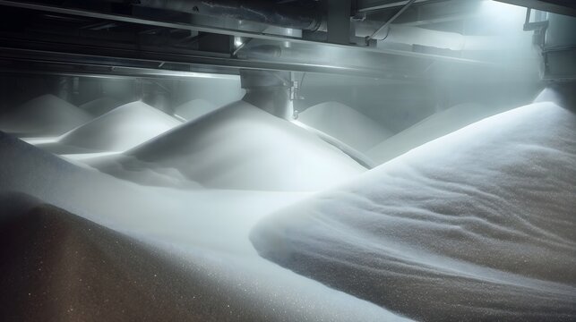 Industrial sugar crystallisation process in large vats with shimmering texture