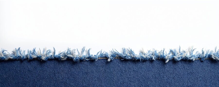 Close-up of frayed blue denim edge with loose threads. Plain white background offers abundant copy space for text and graphic design elements. Fabric texture is clearly visible.