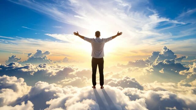 Man standing on clouds, arms outstretched towards bright sun and blue sky