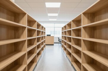 Obraz premium Empty Wooden Bookshelves in a Well-lit Room with Desk: Modern Interior Design for Library or Storage