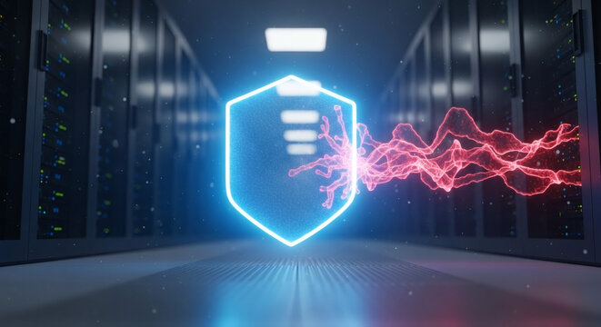 Cyber security shield protecting digital data on servers within a modern data center. Concept of network defense and advanced threat prevention in information technology infrastructure