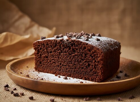 Chocolate cake slice with powdered sugar and chocolate chunks on wooden plate