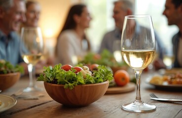 Obraz premium Family enjoys meal, talking and laughing. Wine glasses and salad bowls on rustic table. Festive dinner, healthy food, close connection, warm atmosphere.