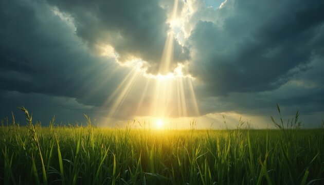 Golden sunbeams pierce dark clouds over a vast green grass field. Light shines down on meadow landscape, signifying new beginnings and overcoming dark times with hope.