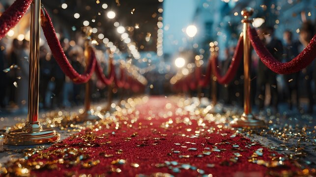 Low angle view captures red carpet with gold stanchions and velvet ropes, gold confetti on floor, and bokeh camera flashes in the back area.