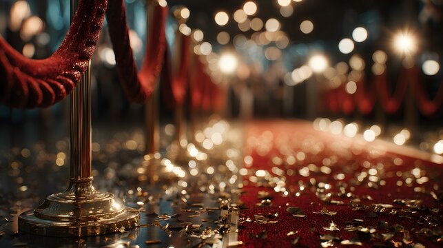 Low angle view captures red carpet with gold stanchions and velvet ropes, gold confetti on floor, and bokeh camera flashes in the back area.
