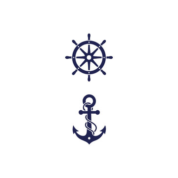 Nautical symbols including ship's wheel and anchor illustration on a simple background, vector graphic design