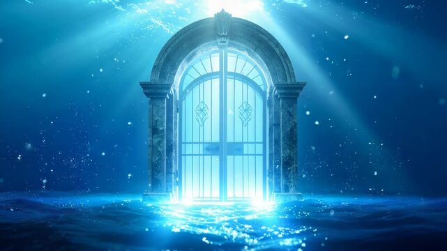 Ethereal underwater portal with light beams and glowing particles emerging from the ocean