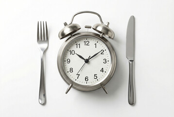 Intermittent Fasting Concept With Alarm Clock Between Fork And Knife On White Background.