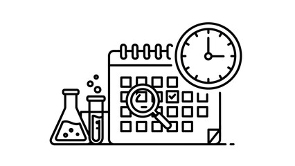 Science lab calendar and clock with magnifying glass, research schedule concept