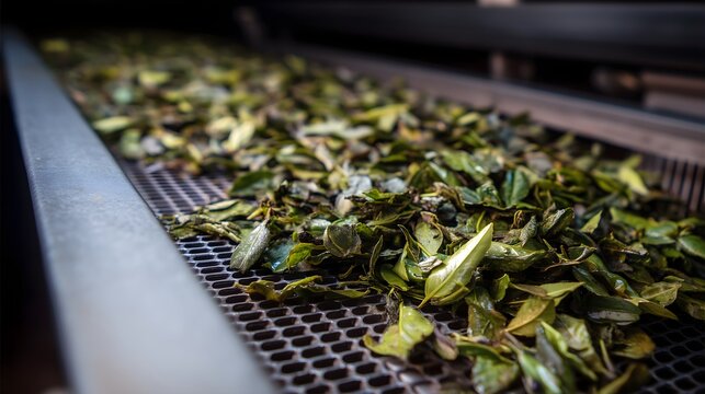 Industrial tea leaf drying conveyor with warm airflow and detailed leaves