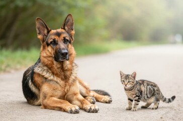 German Shepherd Dog and Tabby Cat Posing Peacefully Together in Outdoor Setting on a Path