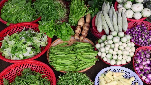 Selection of fresh exotic vegetables, leafy greens and colorful eggplants in red baskets at a street market. Highlighting diversity of local agriculture and healthy food trade in Vietnam.