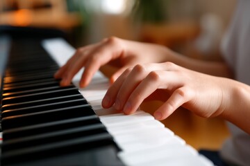 Fototapeta premium Elegant Hands Playing Soft Melodies on a Keyboard in a Pastel Setting