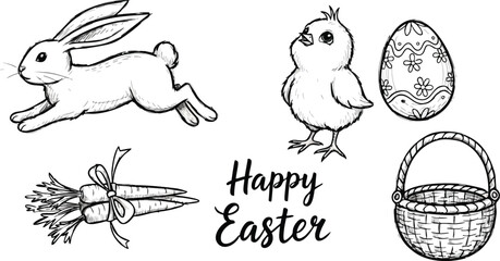 Fototapeta premium Hand drawn detailed sketch style happy easter composition with running rabbit small chick decorated egg carrot bundle and empty woven basket vector art illustration