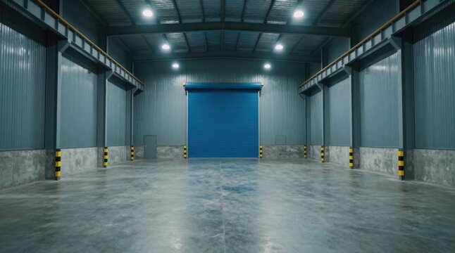 Spacious Industrial Warehouse Interior with Closed Blue Roller Door and Concrete Floor, Suitable for Storage