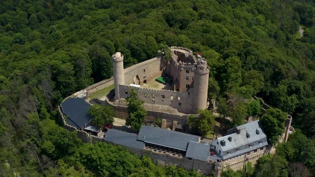 Aerial view of the castle Schloss Auerbach beside the city Auerbach in south Germany. On a sunny day in Summer.