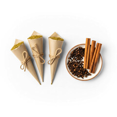 Traditional Indian Spices Composition with Turmeric Powder Cones Cinnamon and Cloves