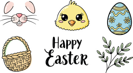 Fototapeta premium Hand drawn easter set with cute bunny face chick head woven basket decorated egg and leafy branch vector illustration with happy easter text in pastel colors
