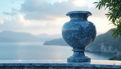 Naklejka premium Blue marble urn sits on marble ledge overlooking calm sea and hills at dawn. Serene coastal landscape offers tranquil remembrance for loved ones. Peaceful outdoor setting at sunrise.