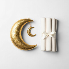 Elegant Golden Crescent Moons and Rolled Napkins for Islamic Holiday Celebration
