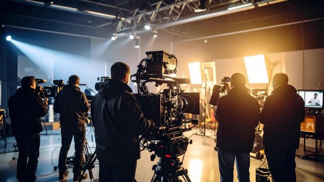 Film crew operating professional movie cameras on set with lighting equipment.