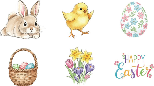 Watercolor style cute brown bunny lying down yellow chick walking easter eggs in wicker basket floral decorated egg spring flowers and colorful happy easter lettering design