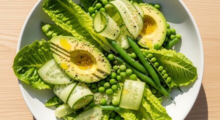 Fresh salad with avocado, peas, asparagus, and hard-boiled egg on a white plate. warzywa zielone