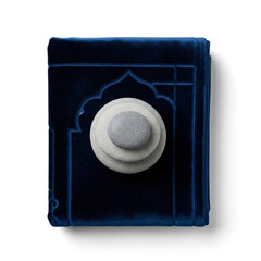 Traditional Dark Blue Velvet Islamic Prayer Rug and Stacked Stone Turbah