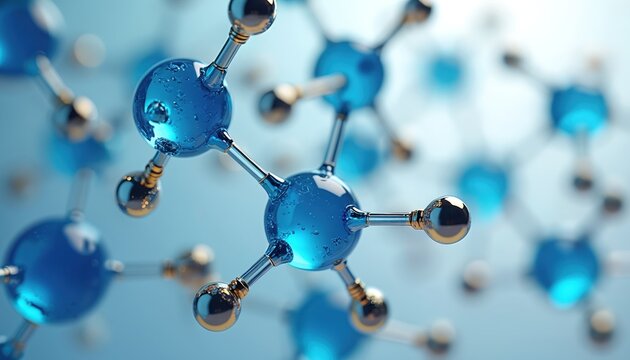 Blue molecule model, 3D abstract science structure with glossy balls and metallic connectors. Research, chemistry, innovation or biology concept. Microscopic detail.