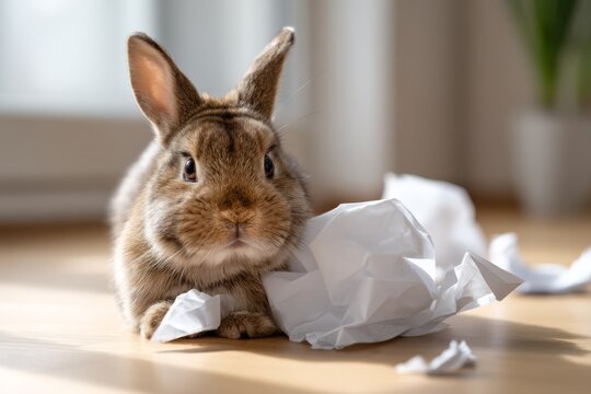Cute Rabbit Chewing Paper in an Indoor Scene for a Playful Prank Setup