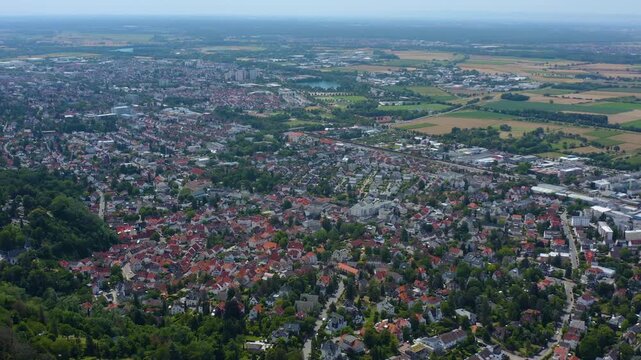 Aerial view of the castle Schloss Auerbach beside the city Auerbach in south Germany. On a sunny day in Summer.