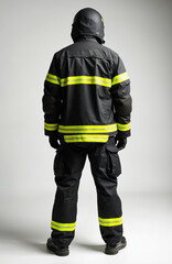 Fototapeta premium Firefighter in black protective gear stands facing away. Uniform includes helmet jacket pants with yellow reflective stripes. Safety equipment offers protection.