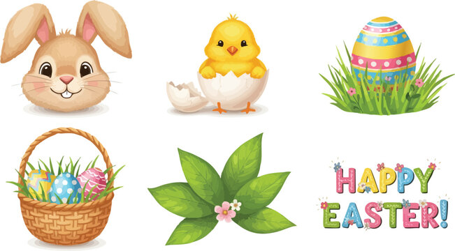 Hand drawn colorful easter egg basket with green grass cute bunny face yellow chick hatched from egg happy easter text and fresh green leaves arrangement in vector art style