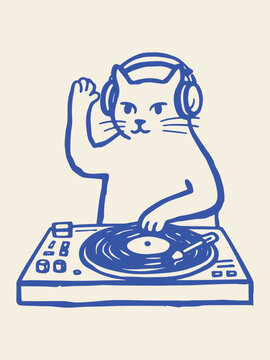 Cat DJ turntable naive line art vector illustration