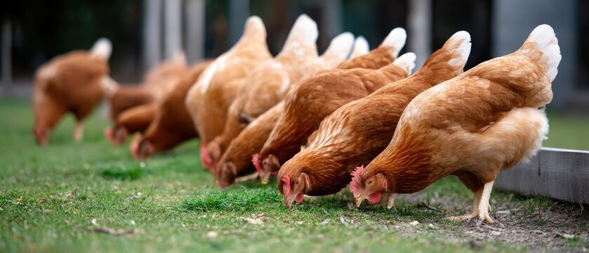 Free-range chickens enjoying fresh greens on grassland filled with dandelions in spring sunlight