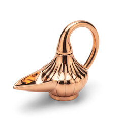 Ornate rose gold metal genie lamp isolated object on white backdrop
